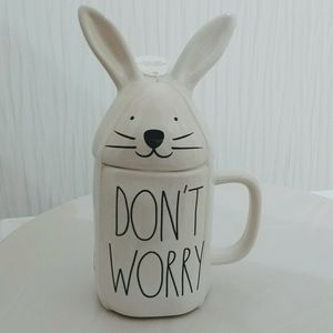 Rae Dunn Don't Worry Be Hoppy Happy Easter Coffee Mug with Bunny Rabit Topper
